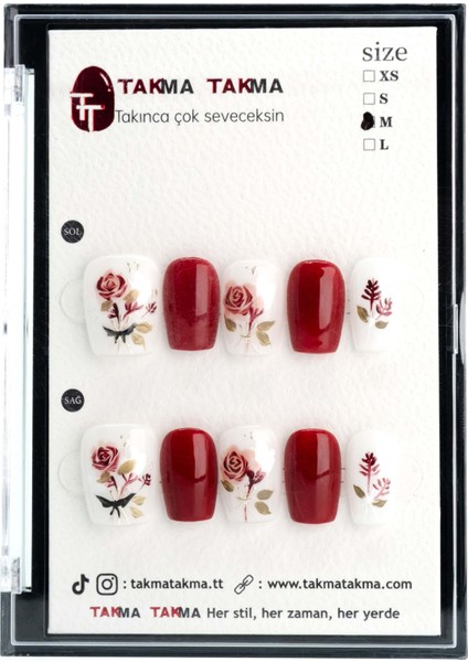 10'lu Kırmızı Orta Balerin TT0901 Tekrar Kullanılabilir El Yapımı Protez Takma Tırnak - Kırmızı-M