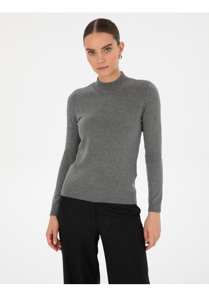 Kadın Gri Melanj Slim Fit Basic Kazak 50315768-VR086