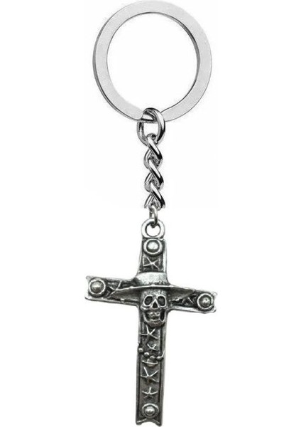 Kuru Kafa ve Yıldız Desenli Haç Metal Anahtarlık – Unisex Gotik & Alternatif Aksesuar