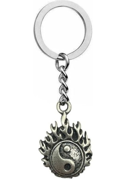 Alev Desenli Ying Yang Sembolü Unisex Anahtarlık – Zamak Metal Enerji ve Denge Temalı Çanta Süsü