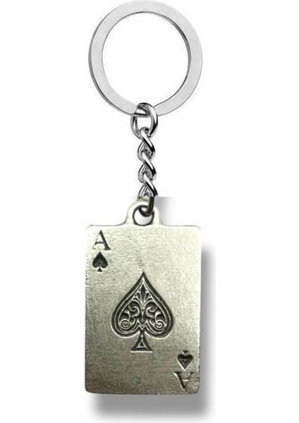 Maça Ası Figürlü Gümüş Renk Metal Poker Anahtarlık – Şans Kartı Temalı Aksesuar