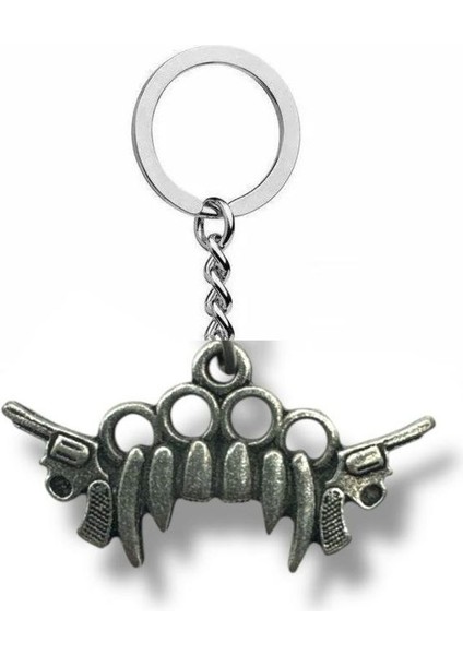 Silah ve Vampir Dişi Figürlü Metal Anahtarlık – Gotik Tarzın Anahtarı