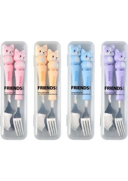 Sarı Renk Kedi Figürlü Premium Çocuk Bpa Free Paslanmaz Çelik Uçlu Çatal-Kaşık Set 24+ Ay