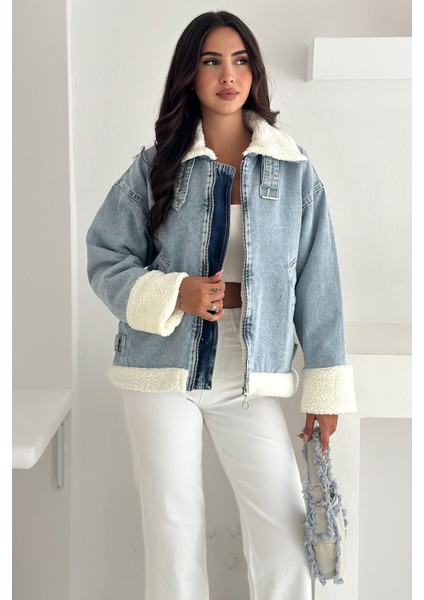 Kadın Peluş Detaylı Jean Ceket – Modern & Rahat