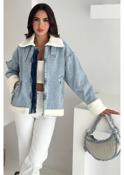 Kadın Peluş Detaylı Jean Ceket – Modern & Rahat fiyatları