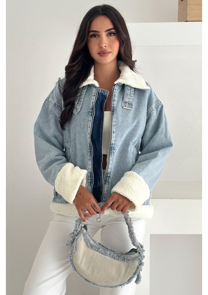 Kadın Peluş Detaylı Jean Ceket – Modern & Rahat modelleri
