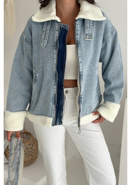Kadın Peluş Detaylı Jean Ceket – Modern & Rahat