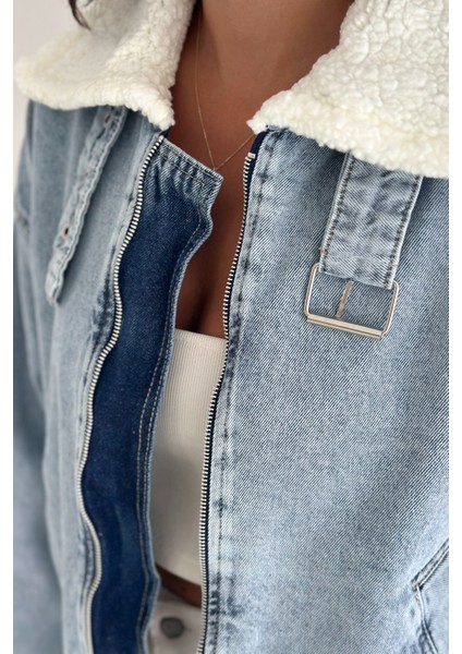 Kadın Peluş Detaylı Jean Ceket – Modern & Rahat