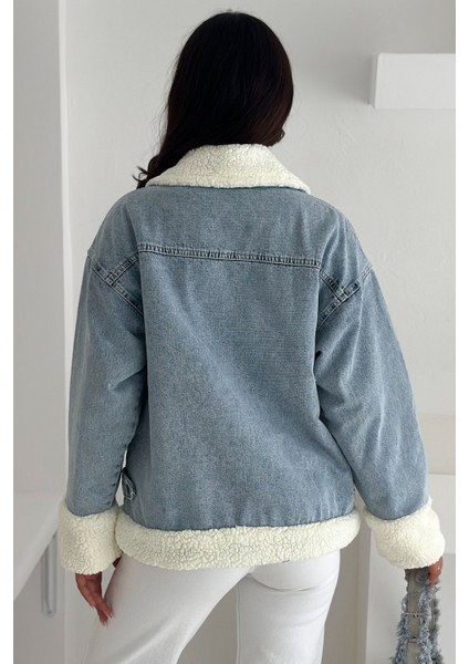 Kadın Peluş Detaylı Jean Ceket – Modern & Rahat