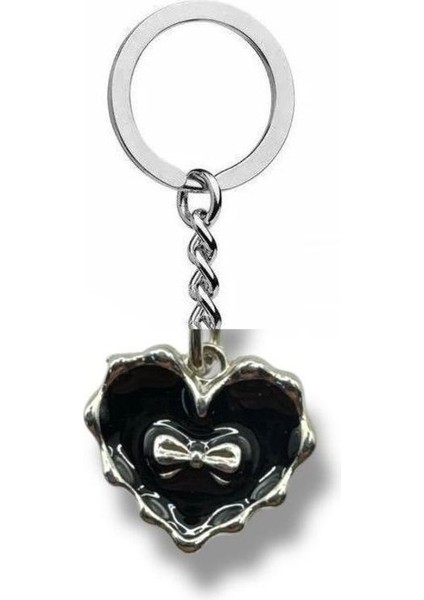 Siyah Kalp Fiyonk Detaylı Unisex Zamak Kaplama Anahtarlık – Zarif ve Şık Tasarım
