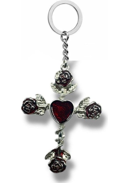 Kırmızı Güllü Gotik Haç Figürlü Unisex Anahtarlık – Tutkulu, Karanlık ve Anlamlı Stil