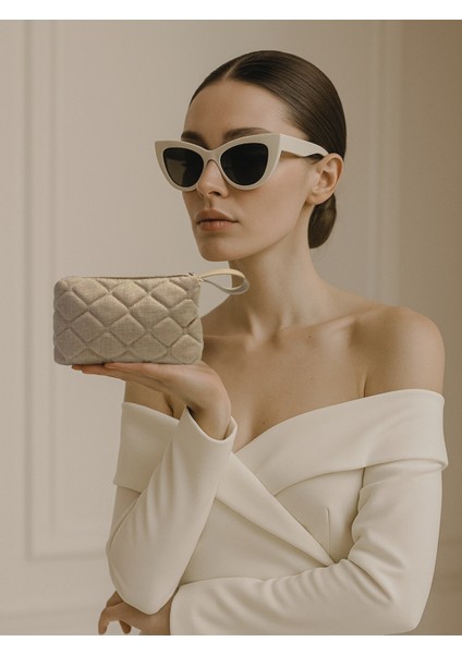 Kapitone Desenli Kadın Makyaj Çantası - Seyahat, Fermuarlı, Özel Keten Kumaş Organizer