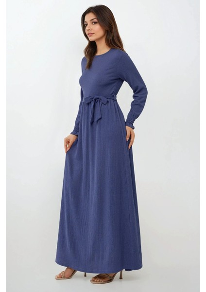 Kadın Dokulu Bisiklet Yaka Kuşaklı Modest Elbise Blue fırsatları