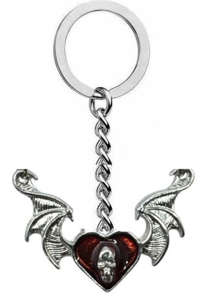 Kırmızı Yarasa Kanatlı Skull Heart Unisex Gotik Anahtarlık – Asi Ruhun Karanlık Tutkusu