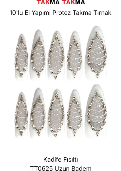 Tekrar Kullanılabilir El Yapımı Protez Takma Tırnak Kadife Fısıltı 10'lu - TT0625 L-Beyaz