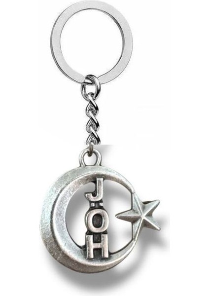 Jöh Yazılı Ay Yıldız Figürlü Anahtarlık – Gümüş Renk Unisex Metal Aksesuar