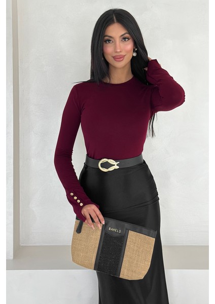 Kadın Bordo Uzun Kollu Bluz – Altın Düğme Detaylı Şık Tasarım