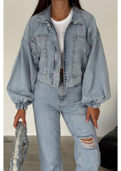 Kadın Açık Mavi Kısa Denim Ceket – Elastik Manşetli Crop Model fiyatları
