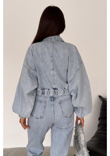 Kadın Açık Mavi Kısa Denim Ceket – Elastik Manşetli Crop Model indirimleri