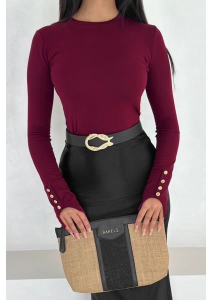 Kadın Bordo Uzun Kollu Bluz – Altın Düğme Detaylı Şık Tasarım