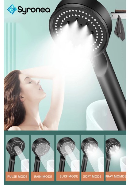 Siyah 5 Fonksiyonlu Banyo Duş Başlığı Başlık Yumuşak Akış fırsatları