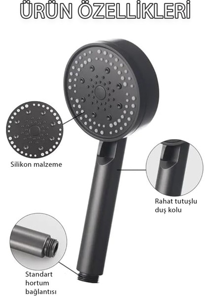 Duş Başlığı Siyah 5 Fonksiyonlu Ayarlanabilir Su Tasarruflu Banyo Duşu Musluk Batarya Duşakabin