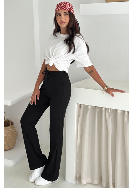 Kadın Yüksek Bel Düz Paça Tayt – Bağcıklı & Rahat Kesim