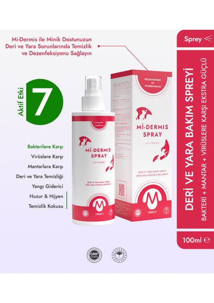 Kedi Köpek Yara ve Deri Bakım Spreyi 100 ML Hipokloröz Asit Mi-Dermis