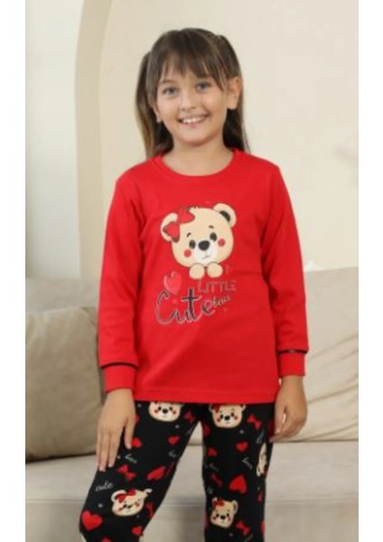 Küçük Sevimli Ayıcık Desenli Kız Çocuk Pijama Takımı - Kırmızı