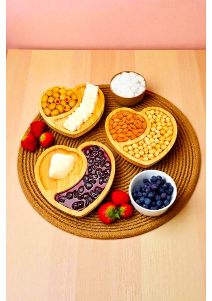 Doğal Ahşap Lüx Bambu 3 Adet Sunumluk Çerezlik Kahvaltı Tabağı Kasesi Premium Çeyiz Seti