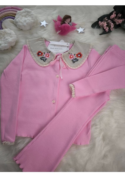 Nakış İşlemeli Yaka Detaylı Taytlı Takım Pembe modelleri