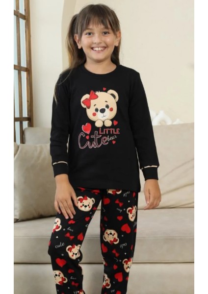 Küçük Sevimli Ayıcık Desenli Kız Çocuk Pijama Takımı - Siyah