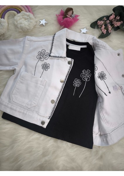 Çiçek Nakışlı Üçlü Gabardin-Kot Kız Takım modelleri