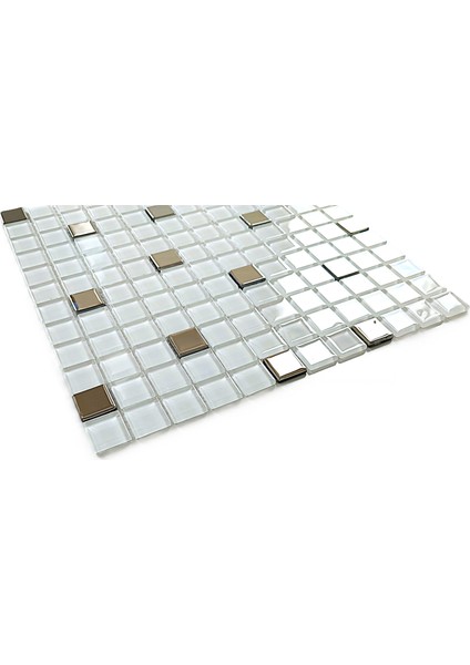 Mutfak Tezgah Arası ve Iç Mekan Kaplama ve Dekorasyon Uygulamalarında Tüm Yüzeyler Için, 23X23MM. Beyaz-Gümüş Krom Mix. 30X30CM. Fileli Kristal Mozaik. fiyatları