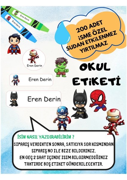 Mini Süper Kahramanlar Okul Etiketi Kalem Defter Özel Isim Yazılabilen Etiket 200 Adet