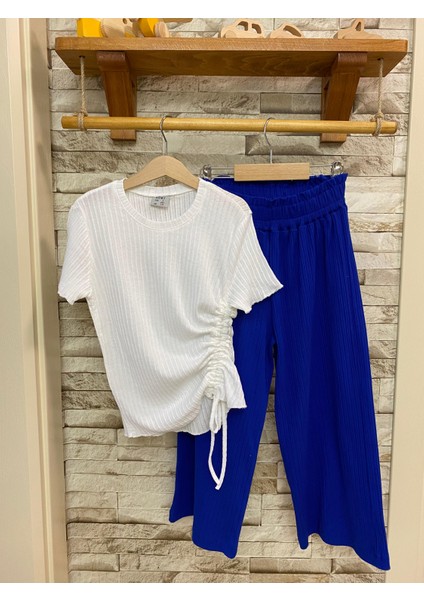 Aysbebe Bağcıklı Bluz + Bol Paça Fitilli Kumaş Pantolon Kız Çocuk Yazlık Takım