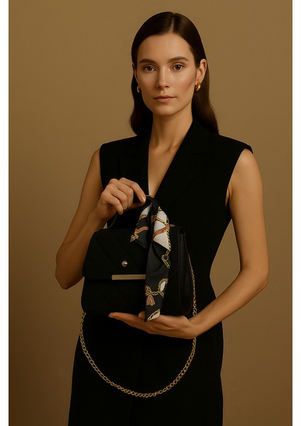 Celestia Milano Siyah Fular Detaylı Zincir Askılı Süet Kadın El Kol ve Omuz Çantası