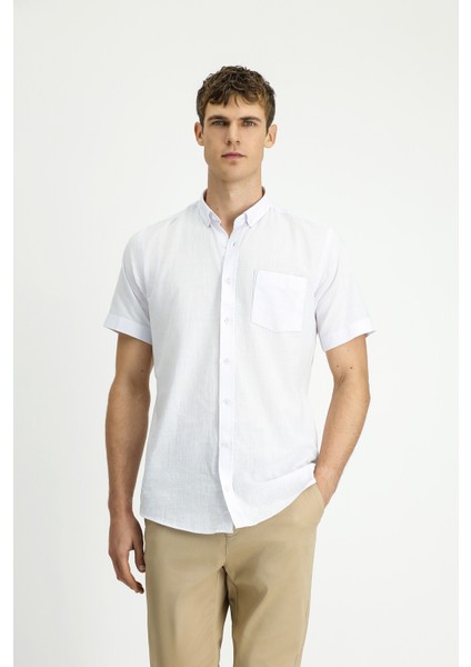 Kısa Kol Relaxed Fit Düğmeli Yaka Keten Görünümlü Pamuk Spor Gömlek