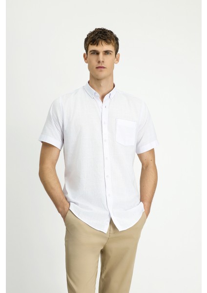 Kısa Kol Relaxed Fit Düğmeli Yaka Keten Görünümlü Pamuk Spor Gömlek modelleri