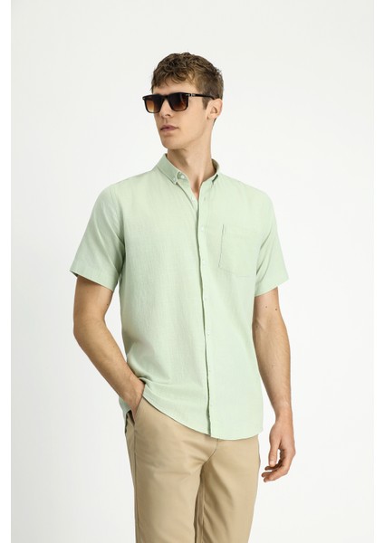 Kısa Kol Relaxed Fit Düğmeli Yaka Keten Görünümlü Pamuk Spor Gömlek