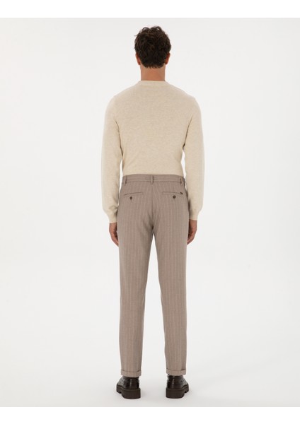 Erkek Bej Çizgili Carrot Fit Beli Lastikli Kordonlu Kanvas Pantolon 50310891-VR011 fırsatları