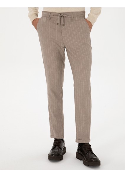 Erkek Bej Çizgili Carrot Fit Beli Lastikli Kordonlu Kanvas Pantolon 50310891-VR011 fiyatları