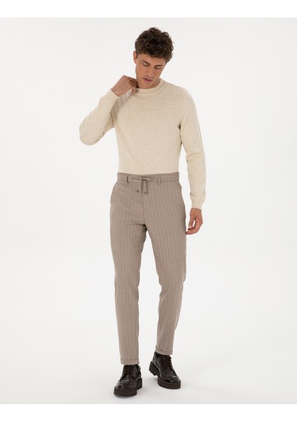 Erkek Bej Çizgili Carrot Fit Beli Lastikli Kordonlu Kanvas Pantolon 50310891-VR011 modelleri