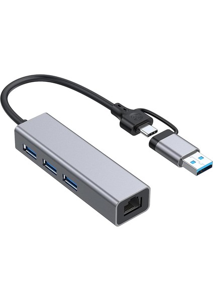 Multi Girişli USB ve Type-C Hub Adaptör To 3x USB 3.0 + Gigabit Ethernet 1000 Mbps Çevirici
