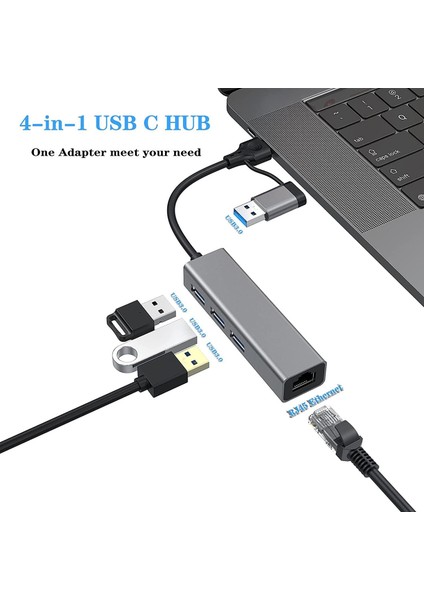 Multi Girişli USB ve Type-C Hub Adaptör To 3x USB 3.0 + Gigabit Ethernet 1000 Mbps Çevirici