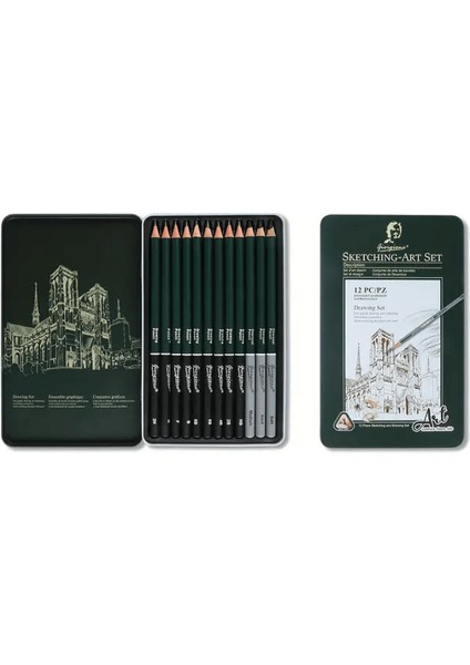 Dereceli Karakalem Eskiz Çizim Seti Metal Kutulu 12 Parça 8b-2h