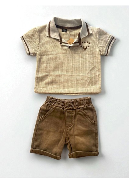 Erkek Triko Geyik Kafası Yıldız Nakışlı 2'li Takım / Kahve