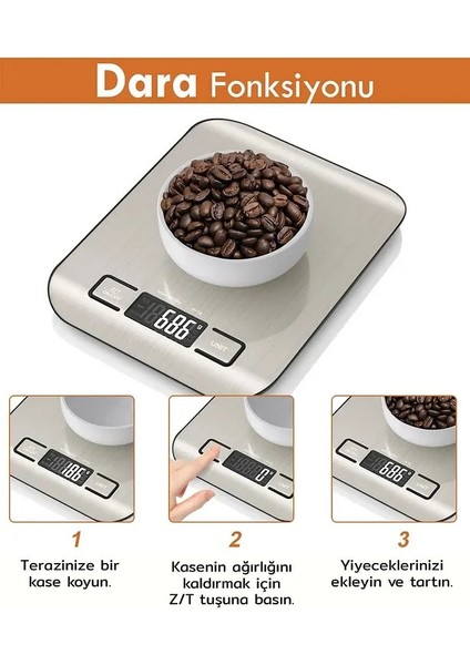 Platin Mutfak Terazisi Paslanmaz Çelik Yüzeyli Hassas Mutfak Tartısı LCD Ekranlı 5 kg Pil Hediyeli fiyatları