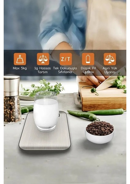 Platin Mutfak Terazisi Paslanmaz Çelik Yüzeyli Hassas Mutfak Tartısı LCD Ekranlı 5 kg Pil Hediyeli modelleri