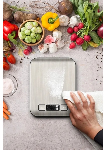 Platin Mutfak Terazisi Paslanmaz Çelik Yüzeyli Hassas Mutfak Tartısı LCD Ekranlı 5 kg Pil Hediyeli fırsatları